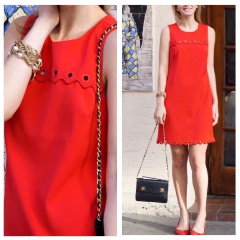 J. Crew Scallop Embroidered Sleeveless Grommet Shift Dress Preppy Tomato Girl